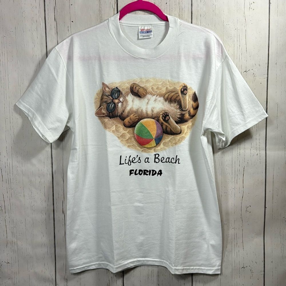 Hanes Cat T Shirt Lifes A Beach Florida Womens Short Sleeve Graphic Tee